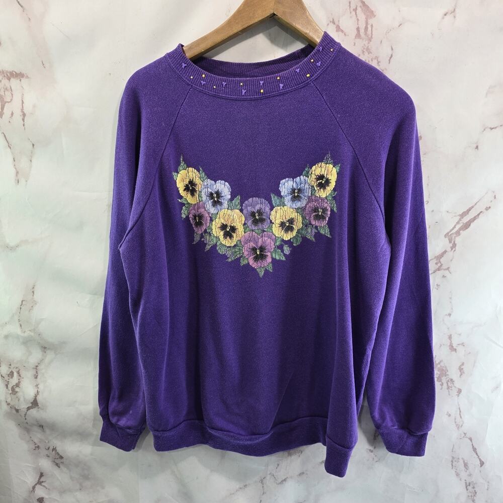 Vintage Sweatshirt Womens Medium Large Pansy Graphic Grannycore Pullover